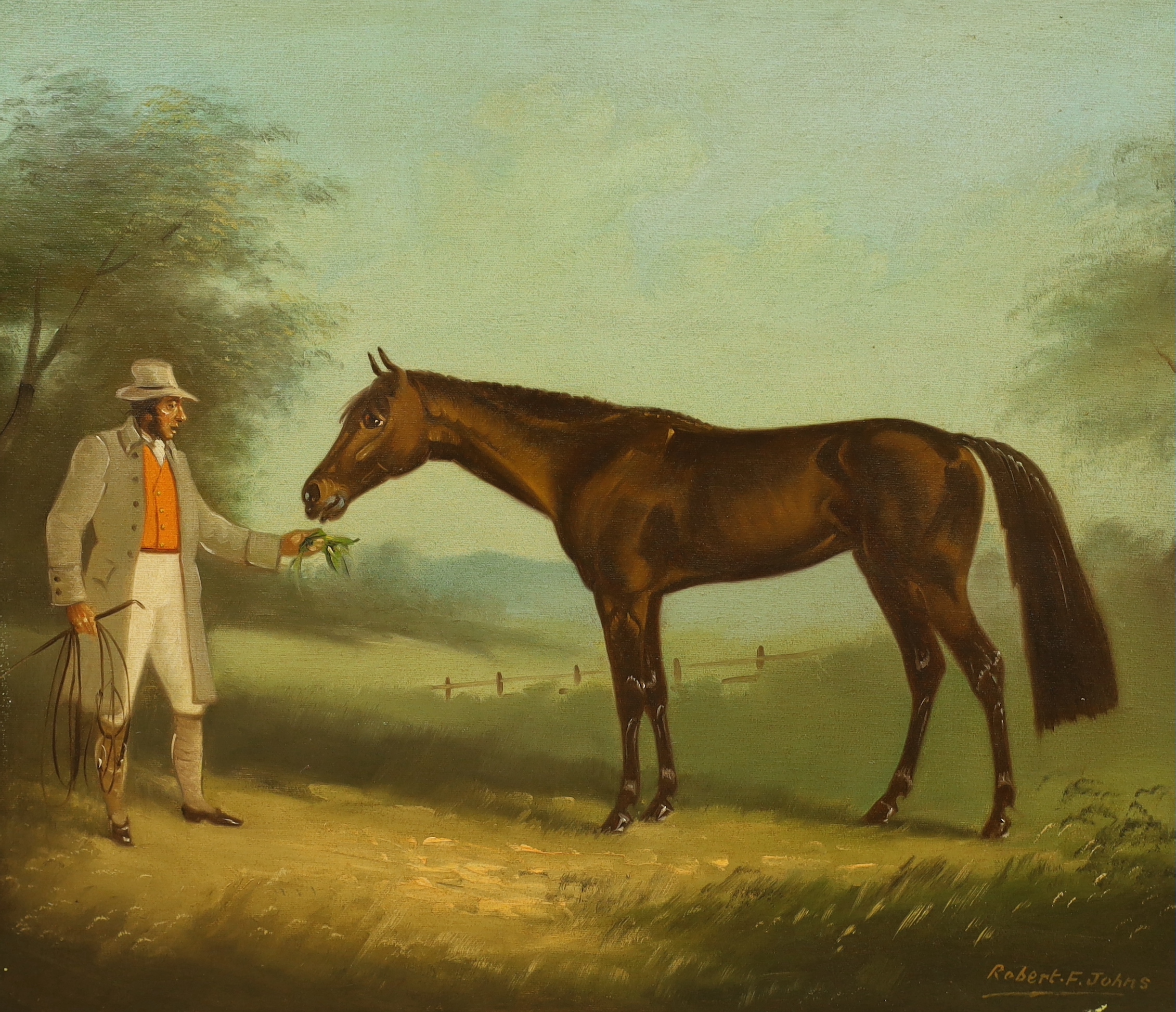 Robert F. Johns, pair of oils on canvas, Studies of racehorses and grooms wearing 19th century dress, 61 x 51cm, unframed